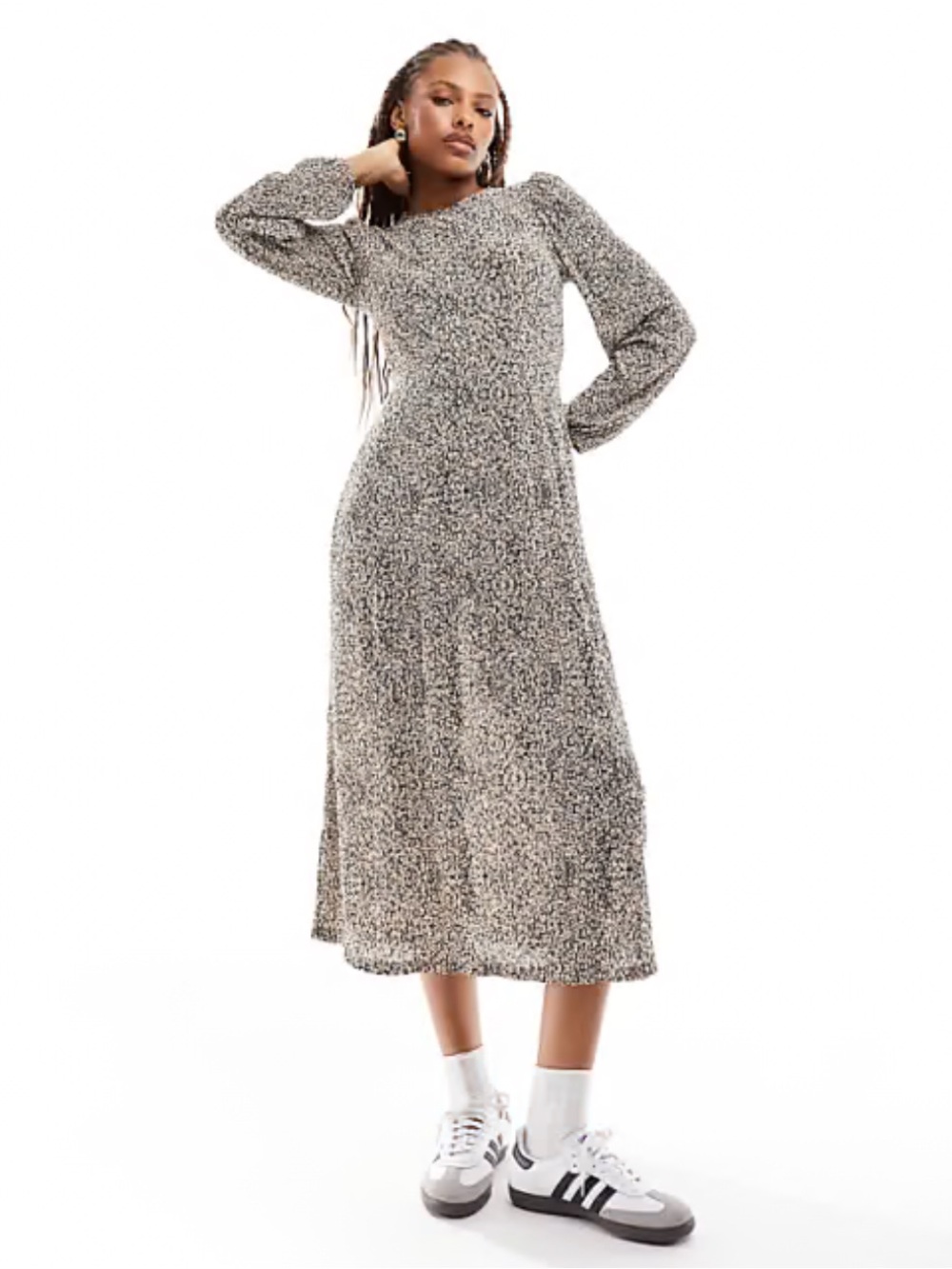 Mango Black and White Long Sleeve Midi Dress